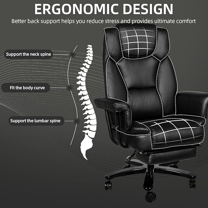 Reclining Office Chair with Footrest, Big and Tall Home Office Desk Chairs 400lbs with High Back, Criss Cross Wide Seat, Heavy Duty Base, Pu Leather, Black