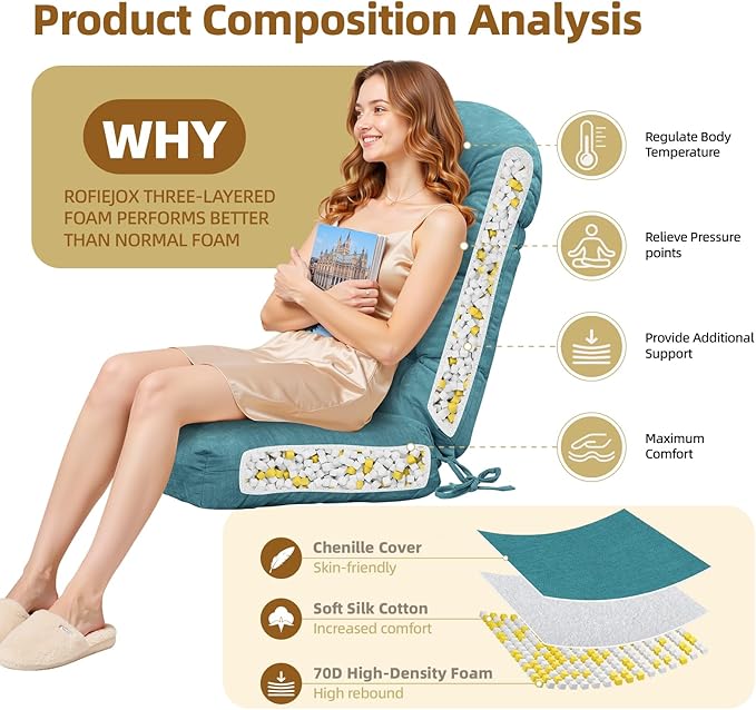 Rocking Chair Cushion - Chenille Fabric, High-Density Sponge, Durable Comfort Double-Sided Tufted Seat Pads with Ties, Chenille︱Blue, 44x19x4 inch