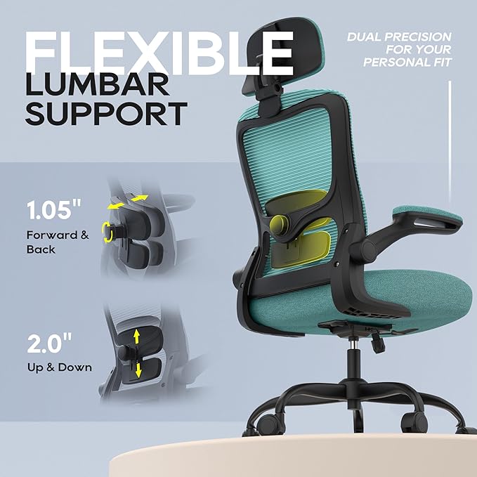 Office Chair, Ergonomic Mesh Desk Chair with Adjustable Lumbar Support and Headrest, Flip-up Armrests, High Back Computer Task Chair for Home and Executive Office (B-All Green)