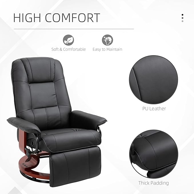 HOMCOM Swivel Recliner Chair, PU Leather Reclining Armchair with Retractable Footrest, Lounge Chair with Wood Base and Adjustable High Back for Small Spaces, Living Room, RV, Bedroom, Black