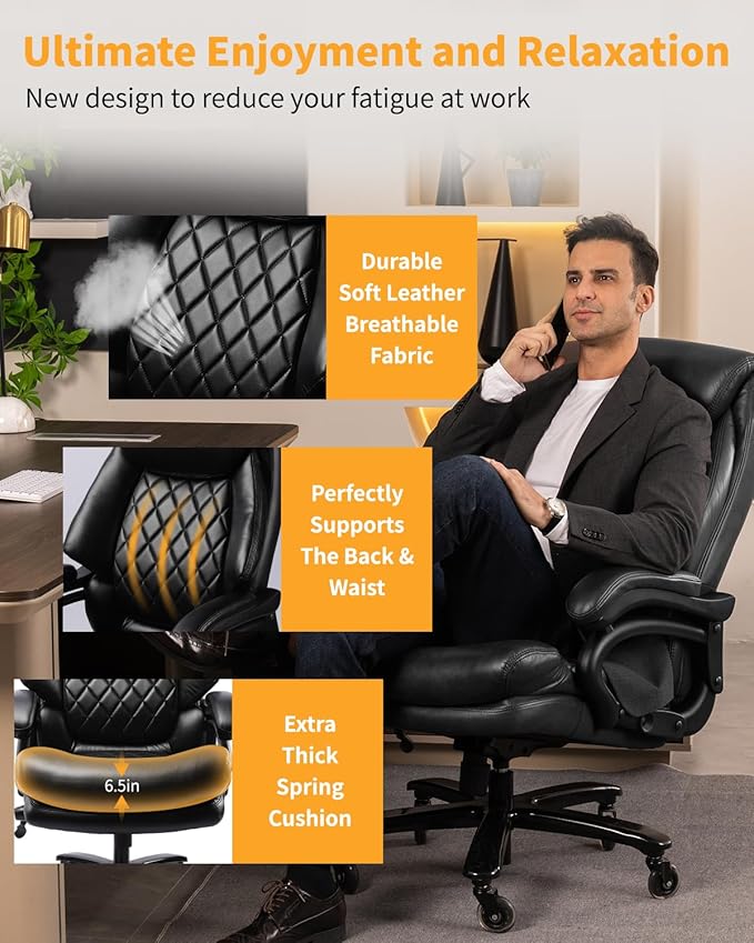 Big and Tall Executive Office Chair with Adjustable Lumbar Support, Extra Wide Seat, Heavy Duty Computer Desk Chair for Long Working Hours, Gaming & Home Office, Quiet Rolling Wheels