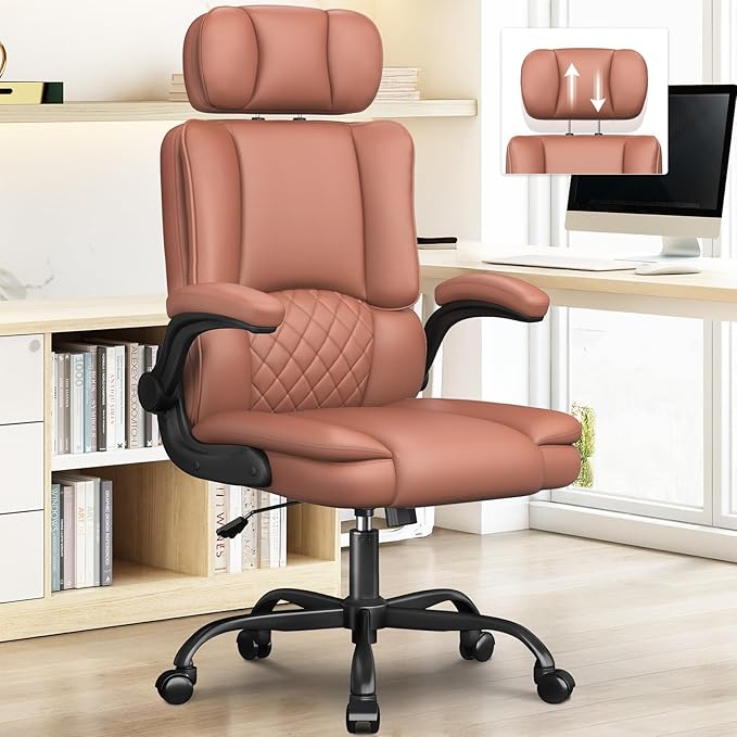 Executive Office Ergonomic Chair, Computer Chair with Adjustable Headrest,PU Leather Desk Chair,High-Back Swivel Task Chair for Home Office with Flip-Up Padded Armrests, 135°Reclining,Brown