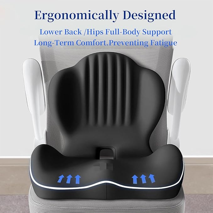 Ergonomic Memory Foam Seat Cushion with Lumbar Support, Office Chair and Car Seat Cushion for Back Pain Relief, Pressure Reducing Comfort Pad, for Parents and Friend,Grey
