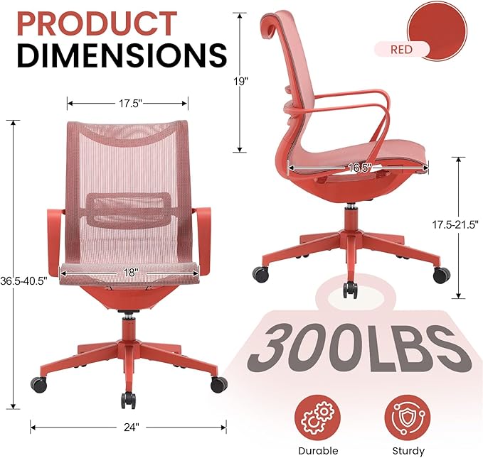 LuxErgo Ergonomic Mesh Office Chair, Mid Back Desk Chair with Lumbar Support & Armrests, Height Adjustable, 115° Recline, 360° Swivel Rolling Task Chairs for Home Office, Red