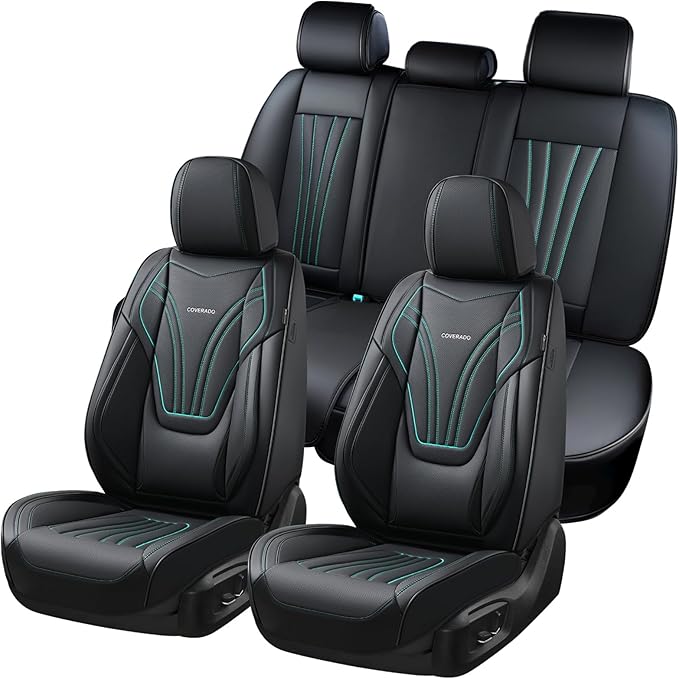 Coverado Car Seat Covers Full Set, 5 Piece Car Seat Protector with Lumbar Support & Removable Headrest, Breathable Leather Front Rear Seat Cushion Universal Fit for Truck Automotive Black & Blue