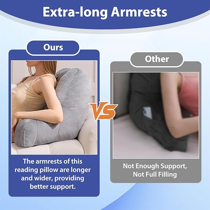 IASEAHK Reading Pillows for Sitting in Bed Adult, Back Pillow for Bed Sitting Up, Backrest Pillows with Shredded Foam for Adult&Teens, Support Pillow with Arms for Beds, Couch, Floor, 24in, Grey