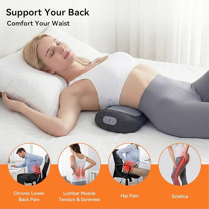Yunari 3-in-1 Wireless Lumbar Support Pillow, 2-Level Adjustable Hot Compress, Deep Tissue Massage, Intelligent Dual Airbag Traction, Ergonomic Memory Foam, Relieves Waist Pain