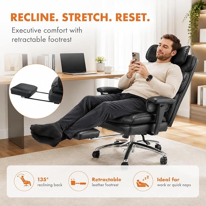 Big and Tall Ergonomic Office Chair with Footrest, Executive High Back PU Leather Desk Chair, Reclining Computer Chair with Adjustable Lumbar Support and Armrests, Swivel Rolling Gaming Chair, Black
