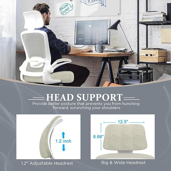 Mimoglad Office Chair, High Back Ergonomic Desk Chair with Adjustable Lumbar Support and Headrest, Swivel Task Chair with flip-up Armrests for Guitar Playing, 5 Years Warranty