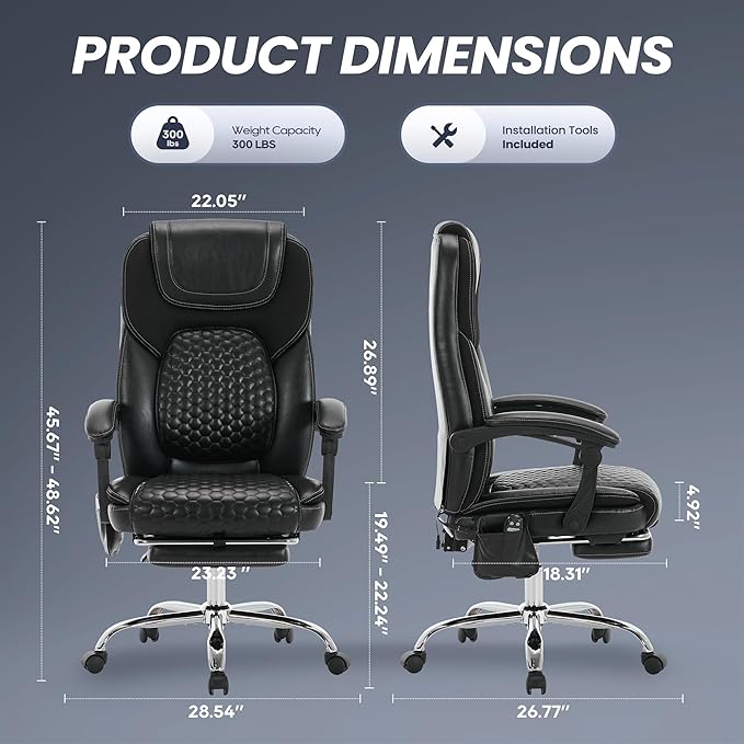 MALOL Massage Office Chair with 3-Level Heat and Footrest – 20-Min Easy Assembly, 300 lbs Big and Tall Desk Chair, PU Leather Ergonomic Executive Computer Chair with Side Pocket, Black,Set of 2