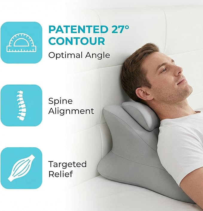 27°Ergonomic Contour Pillow-Memory Foam Back Support for Reading,Bed Rest&Post Surgery Recovery,Lumbar & Neck Pain Relief Cushion