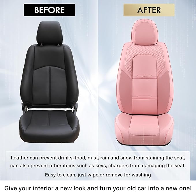 Coverado Car Seat Covers Front Seats, 2 Piece Car Seat Protector with Removable Headrest, Nappa Leather Breathable Seat Cushion Universal Fit for Truck Automotive Most of Cars Pink