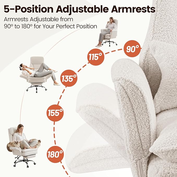 Furniliving Criss Cross Office Chair with Armrests & Wheels, Big and Tall Office Chair with Footrest, Flip Armrests for Pets, Wide Seat Cross Legged Desk Chair, Ergonomic Computer Chair, Teddy, White