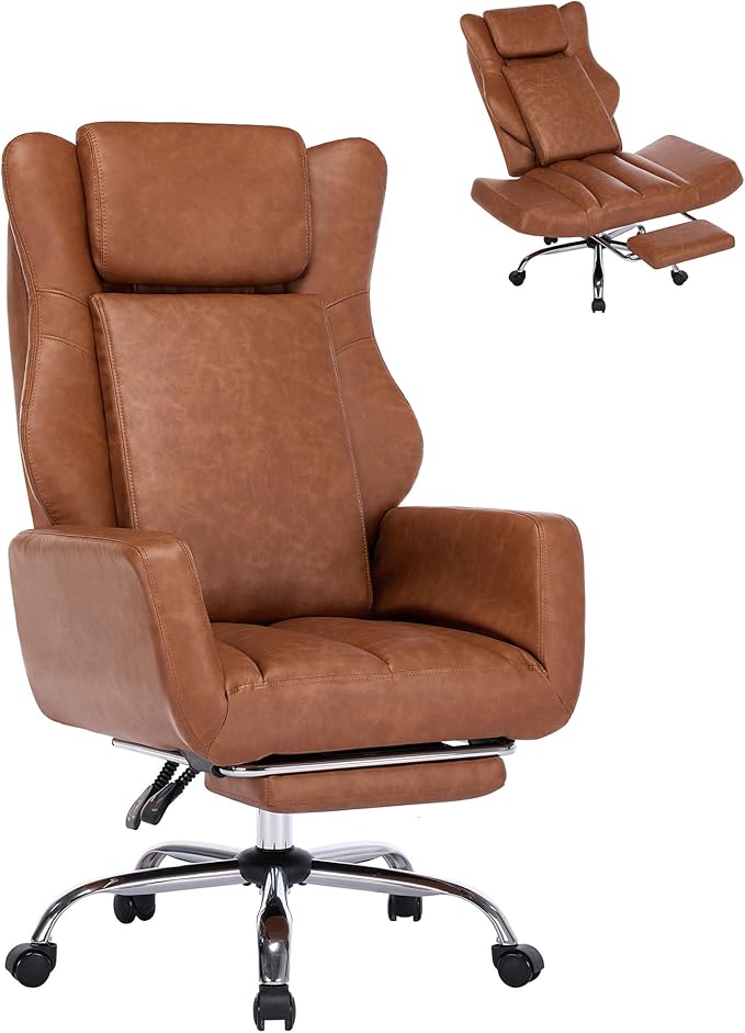 DYHOME Criss Cross Office Chair with Footrest, Executive Office Chair Ergonomic Flip-Up Armrest Office Chairs, Adjustable Reclining Computer Desk Chair for Working, Gaming, Relaxing,Brown Leather