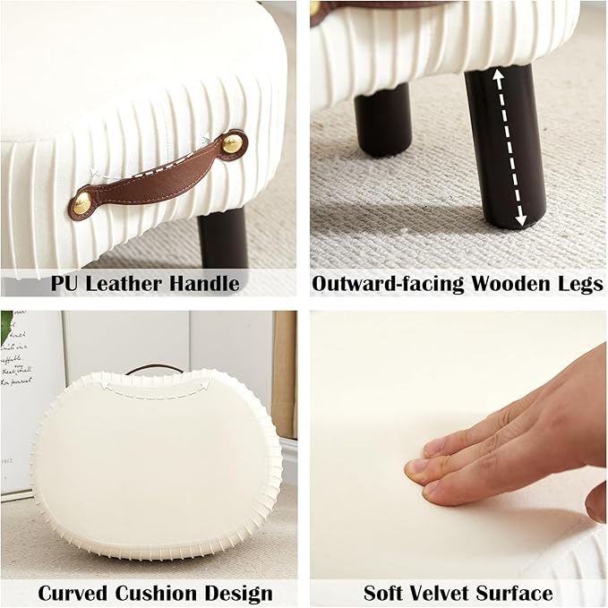 Small Footstool with Handle, Velvet Ottoman Foot Rest with Padded Seat, Curved Foot Stool with Wooden Legs, Portable Foot Rest for Living Room, Bedroom, Entryway, White