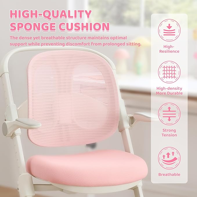 ERIYA Kids Desk Chair,Ergonomic Chair: Breathable Mesh Back, Adjustable Seat, Flip-Up Armrests, Footrest, Lumbar | Ideal for Kids, Petite Adults – Ultra-Comfy for Study/Work (Pink)