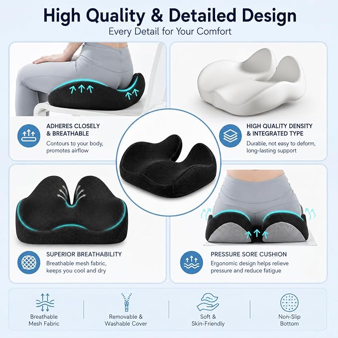 CXC Memory Foam Seat Cushions for Office Chair – Pressure Relief Seat Cushion for Desk Chair, Car, Wheelchair, Hip & Tailbone Pain Relief Cushion for Long Sitting, Non-Slip (Black - Breathable Mesh)