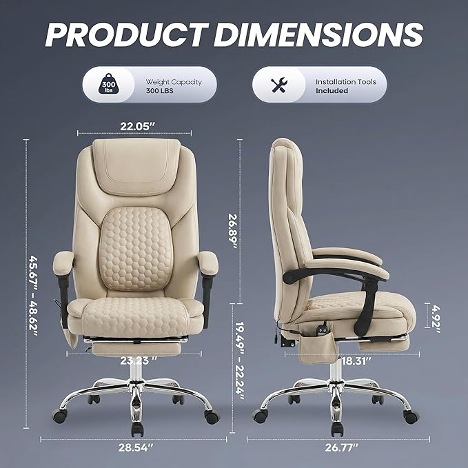 MALOL Massage Office Chair Set of 2 with 3-Level Heat and Footrest – 20-Min Easy Assembly, 300 lbs Big and Tall Desk Chair, PU Leather Ergonomic Executive Computer Chair with Side Pocket, Beige