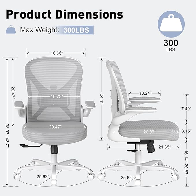 Ergonomic Office Chair Set of 6, Mesh Fabric Home Office Chairs with Adjustable Lumbar Support, Flip-Up Armrests, 90-120° Rocking, Adjustable Height and 360° Swivel, Grey