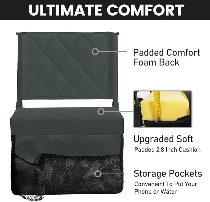 Sheenive Stadium Seats for Bleachers with Back Support, Bleacher Seats with Backs and Cushion Wide, Padded Portable Folding Comfort Stadium Chair with Shoulder Strap, Perfect for Sports Events