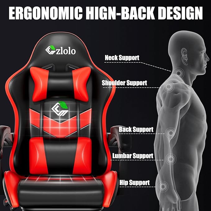 Czlolo Gaming Chair with Footrest Racing Style Lumbar Support Massager Video Game Chair with Metal Legs, High Back Gamer Chair with Headrest, 360° Swivel Office Computer Desk Chair, Bright Red