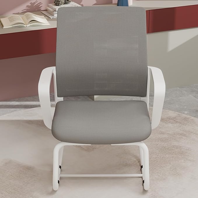 Modern Mesh Office Chair, Ergonomic Desk Chair with Armrests, Breathable Computer Task Seat for Home Work, Sled Base Guest Furniture, Comfortable Lumbar Support, Metal Frame, White+Gray