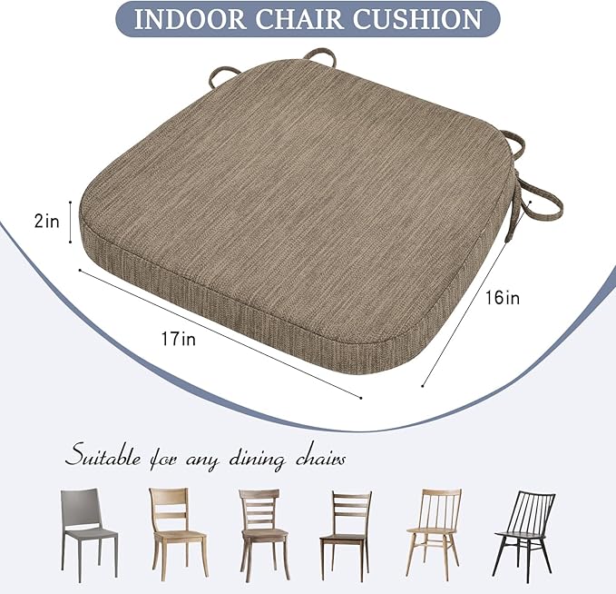 baibu Kitchen Chair Cushions Set of 4, Dual-Layer Patented Design Memory Foam Dining Chair Pads with Ties and Washable Cover, 4 Pack, 17" x 16" x 2", Light Brown