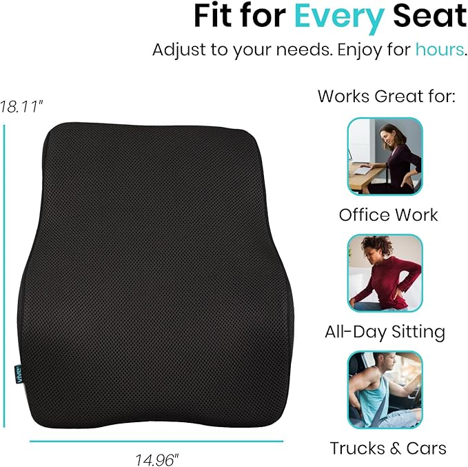 Vive Full Lumbar Cushion - Memory Foam Contour Support for Lower Back Pain - Ergonomic Pressure Relief for Office Chair, Car - Large Mesh Orthopedic Seat Backrest Roll for Improving Posture (Black)