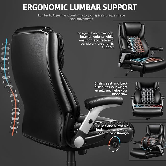 VITESSE 600lbs Big and Tall Office Chair with Flip up Armrest, Large Heavy Duty with Ergonomic Lumbar Support, Executive Office Chair for Heavy People with Quiet Rubber Wheel(Black)