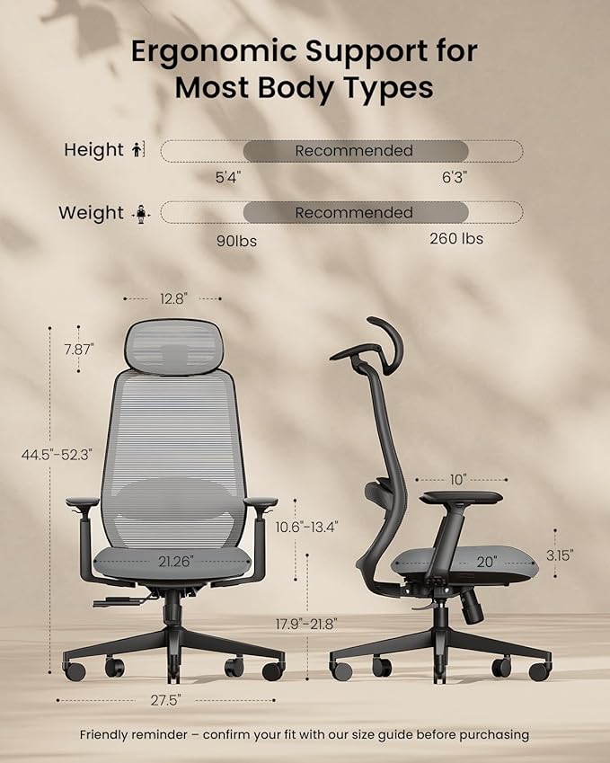 ProtoArc Ergonomic Office Chair – EC200 High-Back Mesh Computer Chair with Lumbar Support, 3D Adjustable Headrest & Sliding Seat for 8+ Hour Comfort, Big & Tall Home Office Desk Chairs - Light Grey