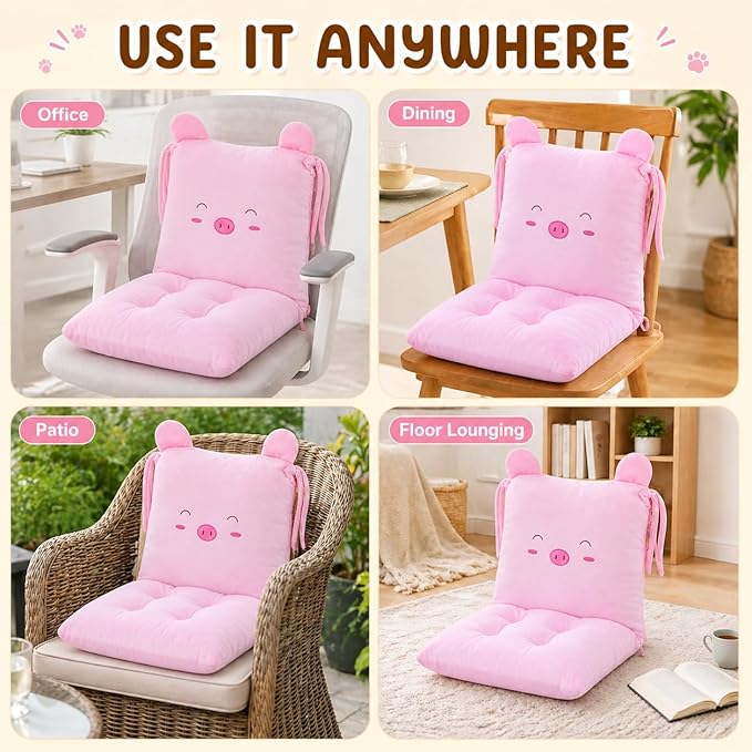 ChezMax Chair Cushion Plush Seat Cushion Back Cushion with Ties, Detachable Thickened Desk Chair Pads, Cartoon Waist Pillow Cushion Decor for Chair Car Office Patio Wheelchair, Cartoon Pig