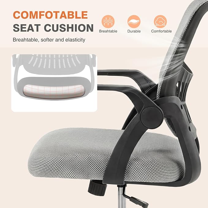 Sweetcrispy Home Office Managerial Executive Chair, Ergonomic Mesh Adjustable Swivel Mid-Back Computer Desk Chair with Comfortable Lumbar Support, Comfy Arms for Bedroom,Study,Blak&Grey