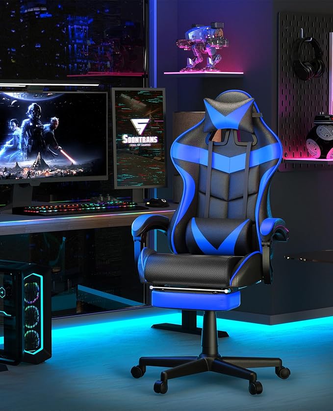 Soontrans Gaming Chair with Footrest,Computer Office Chair, Ergonomic Gamer Chair with Height Adjustment,Headrest and Lumbar Support Gamer Chair(Storm Blue)