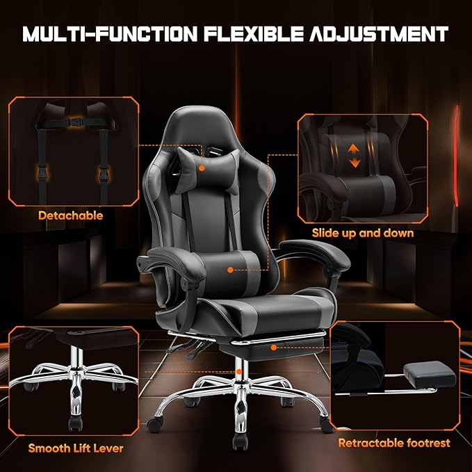 DUMOS Gaming Office Desk Chair with Footrest and Headrest for Adults, PU Leather Ergonomic Video Computer Chair with Linkage Armrests, Height Adjustable 360° Swivel Recling Chair, New Grey