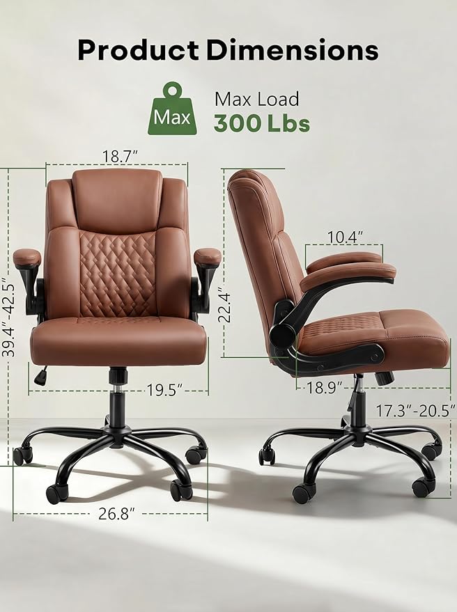 Office Chair PU Leather, Ergonomic Computer Desk Chair with Lumbar Support, Executive Leather Chair with Wheels & Flip-up Armrest, Small Home Office Desk Chair for Short People Use, Brown