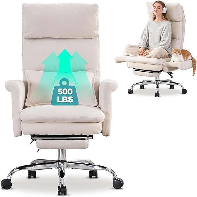 Okeysen Office Chair with Flip Armrests, Big and Tall Office Chair with Foot Rest, Wide Reclining Desk Chair for Cross Legged Sitting & Pets, Executive Ergonomic Computer Gaming Chair with Pillow