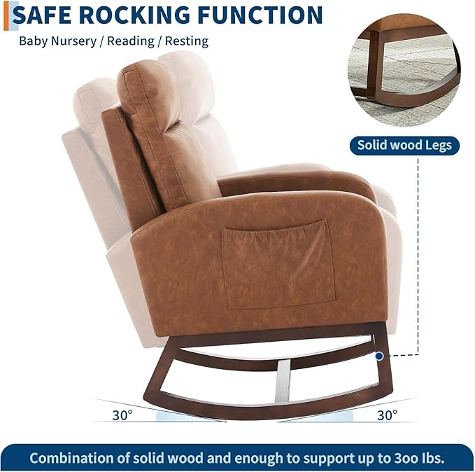Nursery Rocking Chair, Comfy Modern Glider Rocking Chair with High Backrest and Armrest, Teddy Upholstered Rocking Accent Chair with Side Pockets for Living Room, Bedroom, Office,Brown