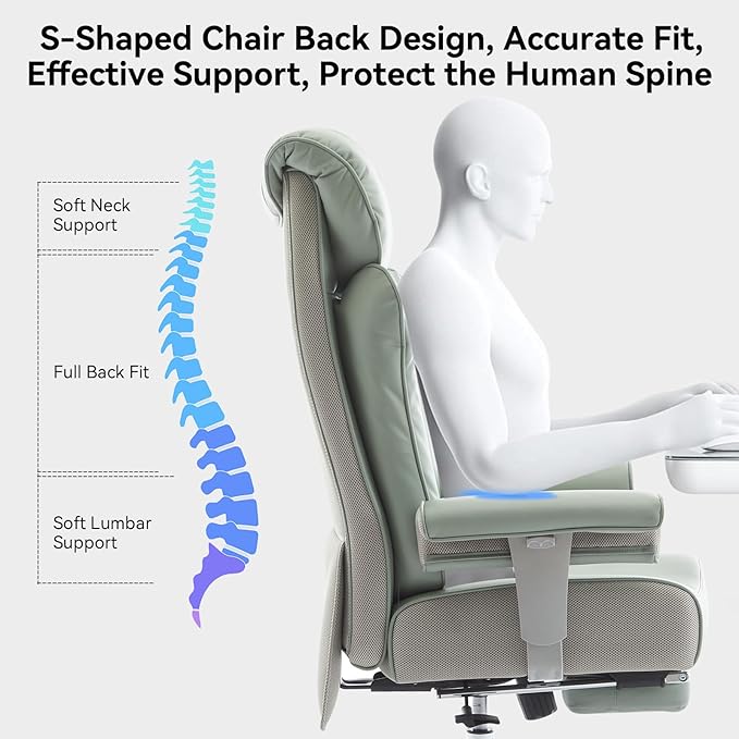Efomao Big and Tall Office Chair 400lbs - Heavy Duty Executive Desk Chair with Foot Rest & 23" Wide Seat - High Back Ergonomic Leather Computer Chair for Heavy People, Home Office, Green