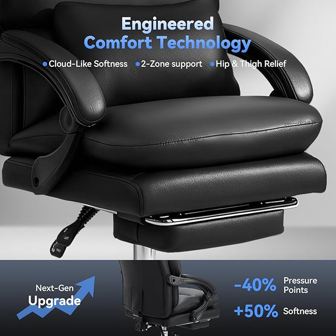 Holiwei Office Chair with Footrest, Big and Tall 400lbs Executive Desk Chair with Thickened Lumbar Support Pillow, High Back PU Leather Reclining Computer Chair, Ergonomic Swivel Task Chair, Black
