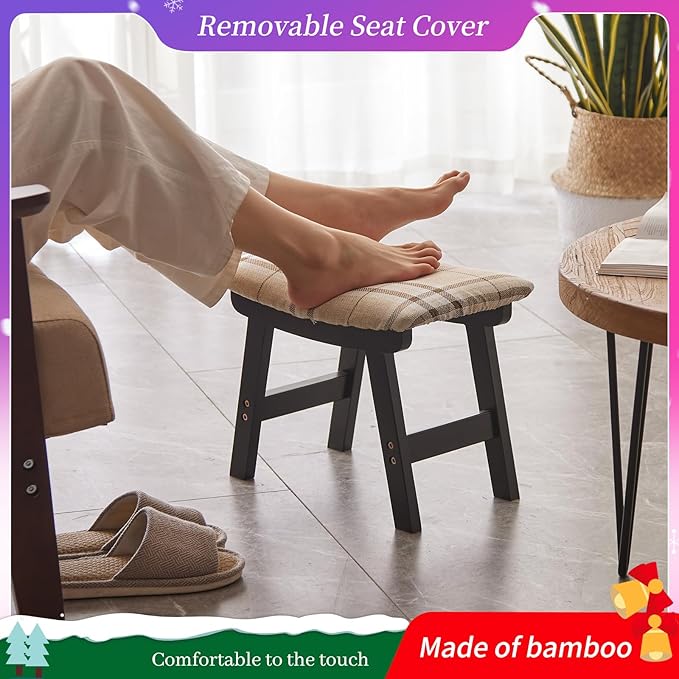 Kitsanery Foot Stool,Ottoman,Bamboo Small Sofa Foot Rest Under Desk,Extra Seating for Living Room, Bedroom and Kitchen (Black Stool Legs - Stripes Surface)
