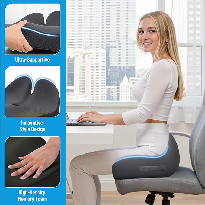 CushZone Memory Foam Seat Cushion for Office Chair, Ergonomic Coccyx Cushion for Desk Chair, Tailbone Support Pillow for Long Sitting, Non-Slip Seat Pad for Home, Car, Gaming Chair (Grey, X-Large)