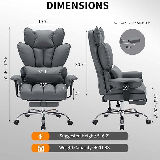 Garvee Big and Tall Office Chair, Executive Leather Office Chair with Footrest, 400lbs Ergonomic Gaming Chair for Adults, Wide Seat Computer Desk Chair with Lumbar Support, 150 Degree Reclining, Gray