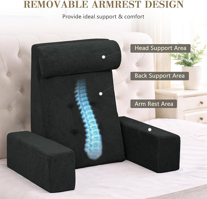Back Pillow for Bed Sitting Up, Upright Pillows for Sleeping & Lumbar Relief, Dual-Layer Back Support Pillow with Adjustable Headrest, Black