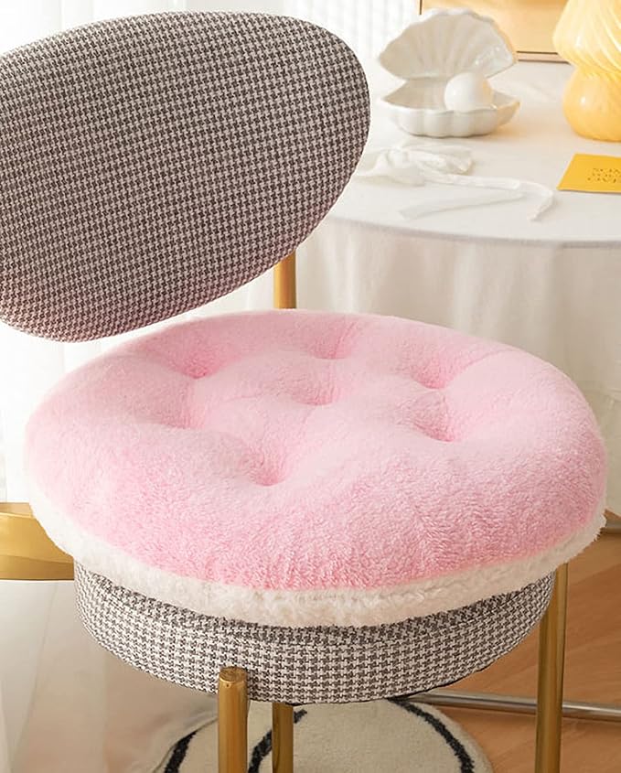 Comfortable Square and Round Artificial Lambswool Chair Pads,Soft Fluffy Chair Seat Cushion Plush Cushions Seat Pad for Home Office Meditation (17 inch(45cm), Round-Pink&White)