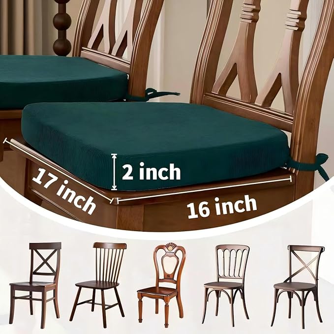 2'' Thick High-Density Foam Indoor Chair Cushions | Dining Chair Pads with Ties, Removable Washable Cover, Kitchen Chair Cushions 17"x16",Hunter Green 6 Pack