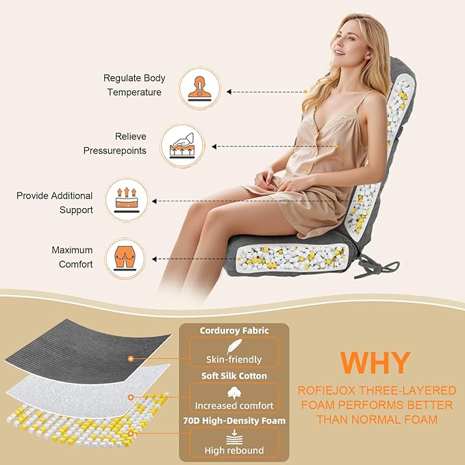 Rocking Chair Cushion - Corduroy Fabric, High-Density Sponge, Durable Comfort Non-Slip Bottom Tufted Seat Pads with Ties, Corduroy︱Grey, 44x19x4 inch