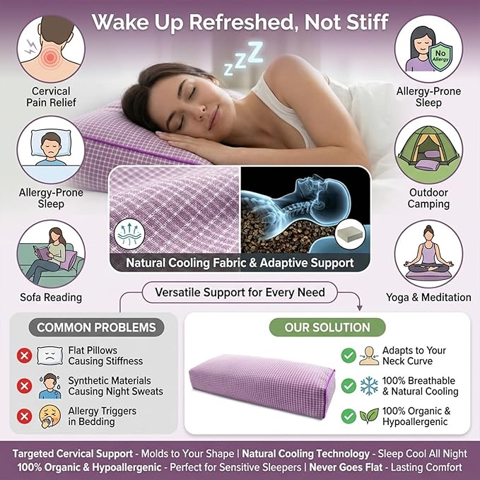 Organic Natural Buckwheat Pillow for Sleeping, Adjustable Buckwheat Hull Pillow with Organic Cotton for Cool Sleep (xiaoge Purple)