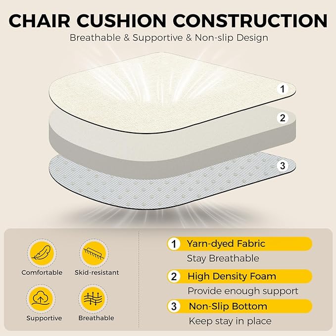 downluxe Indoor Chair Cushions for Dining Chairs, Soft and Comfortable Textured Foam Kitchen Chair Pads with Ties and Non-Slip Backing, 16" x 16" x 2", Beige, 2 Pack