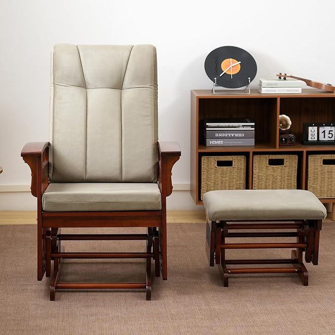 Solid Wood Glider Rocking Chair and Ottoman Set, Rustic Nursery Glider Rocker with Padded Cushion, Smooth Rocking Motion Indoor Living Room Nursing，Napping，Reading, Brown