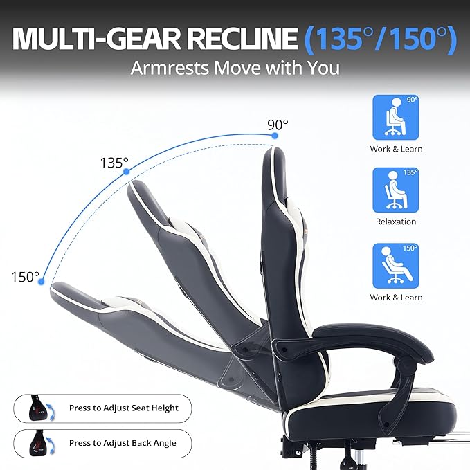 Desk Computer Gaming Chair - High Back Ergonomic Office Chair with Footrest and Lumbar Support, Swivel Comfy Home Gamer Video Game Chairs with Pocket Spring Cushion for Adults (White Leather)